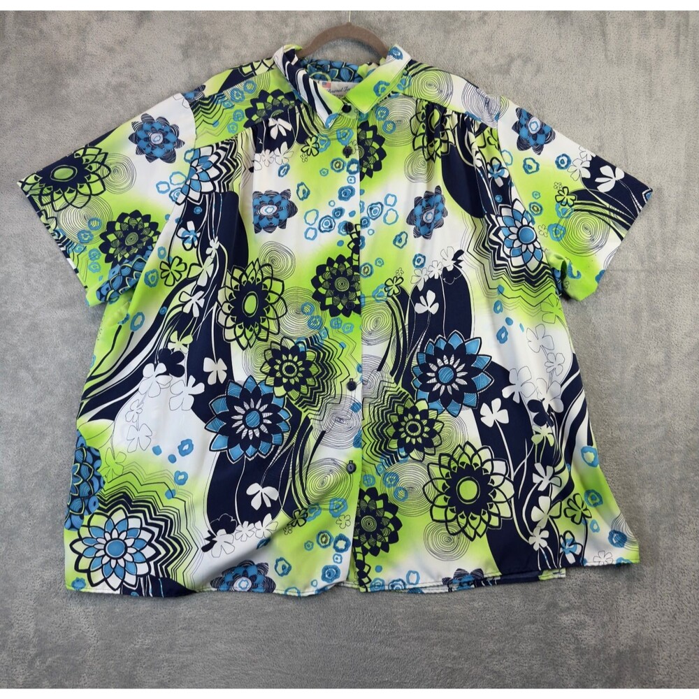 A Personal Touch Blouse Womens 4X Green Blue Floral Button Up Shirt Plus Size